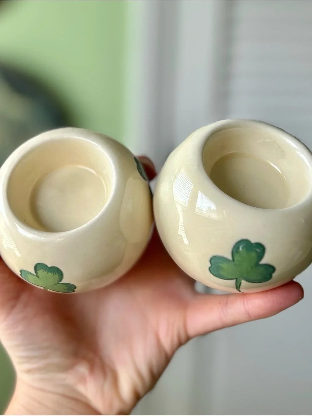 Vintage Cream & Green Shamrock Ceramic Irish Candle Tealight Holder Set of 2